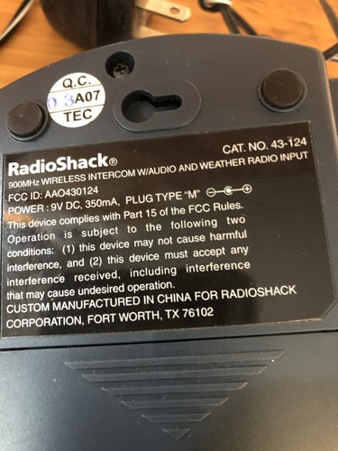 Radio Shack 900 MHz Wireless Intercom W/Audio & Weather Radio Input 1 Unit +AC