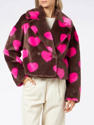 Pre-owned Saint Barth Mc2  Woman Furry Short Jacket With Heart Print In Brown