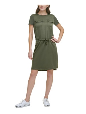 Женское зеленое платье прямого кроя DKNY с короткими рукавами и круглым вырезом выше колена XS