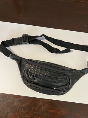 FANNY PACK Black Genuine Leather Waist Bag Travel Purse Hip Belt Carry On Pouch