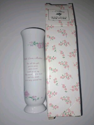 Russ Berrie Porcelain Vase 4957 Pink Floral 6.5''  With Love, Mother Poem Vintage