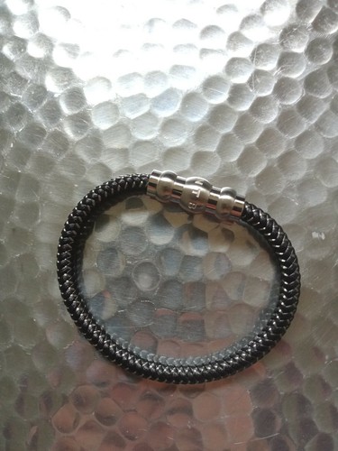 MontBlanc Black Leather Woven with Stainless Steel Mens Bracelet- 8