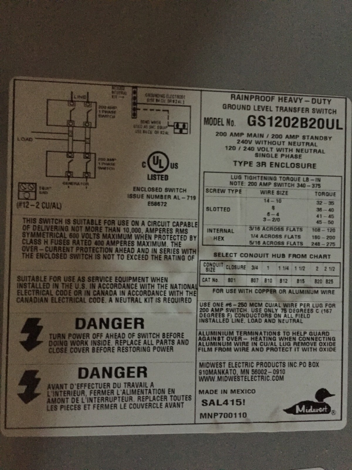 Midwest GS1202B20UL GS Series Non-Fusible Transfer Switch; 200 Amp, 120/240 Volt