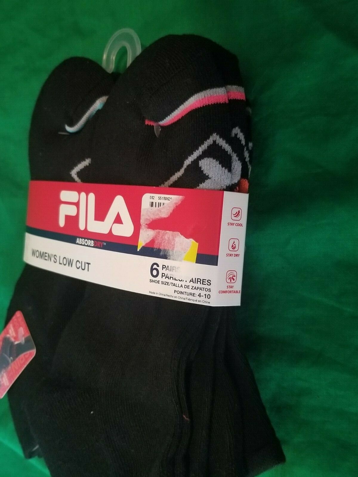 Fila Women's AbsorbDry Low Cut Socks 6 Pair NWT Black Multi-Color Shoe 4-10 Poly