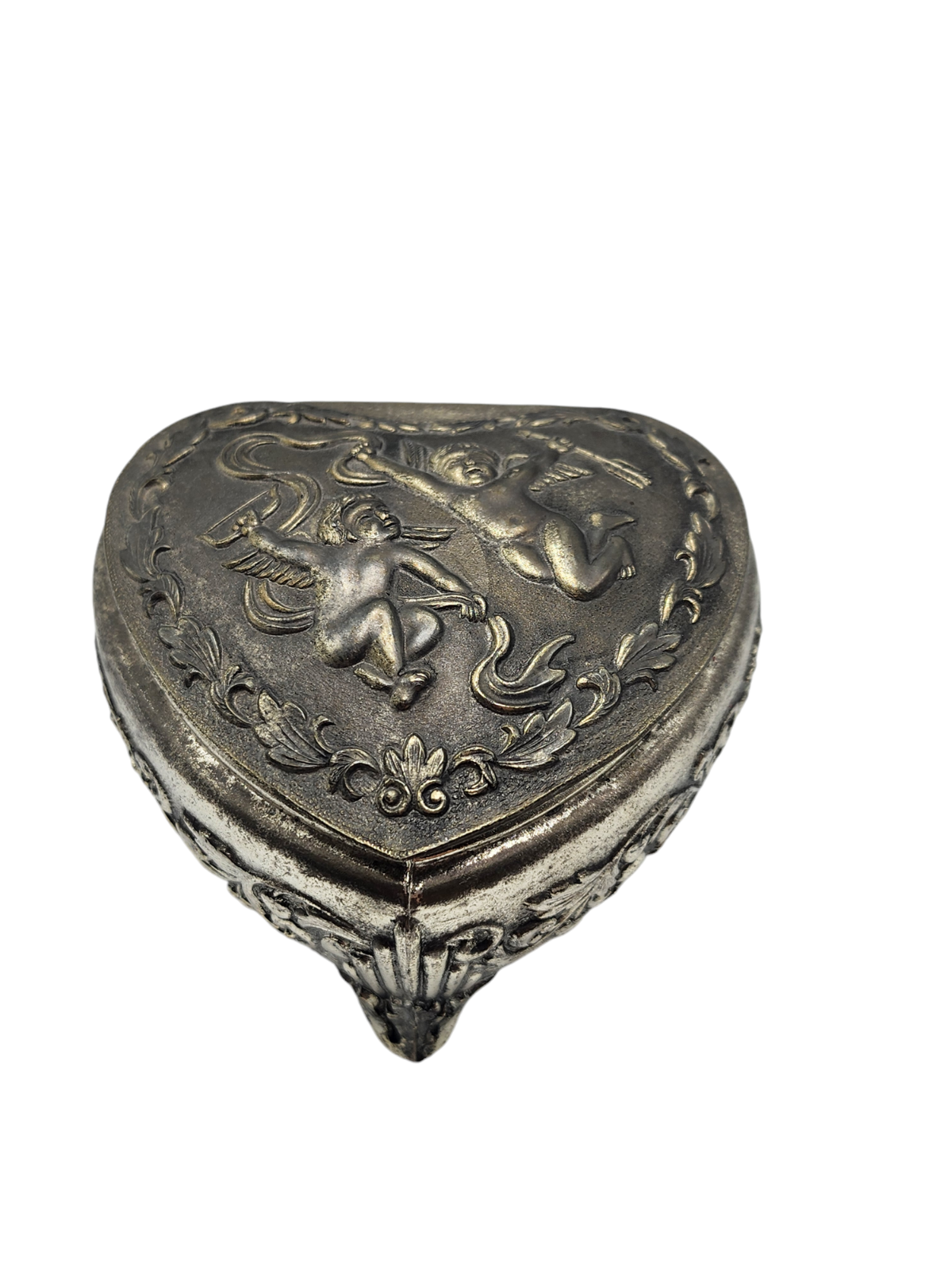 Vintage Heart Shaped Trinket Box Angels Cherub Red Felt