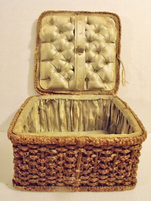 Red and Brown Mid Century Woven Wicker with Plastic Details Red Lined Sewing Basket with Vintage Sewing Supplies