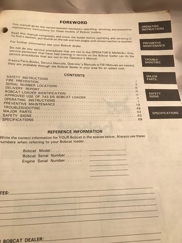Bobcat 741 742 743 743DS Skid Steer Owner Operator Maintenance Manual 20001-up