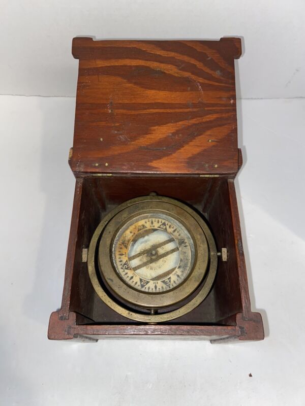 Vintage Marine Compass Co. M.C. Co. Brass Gimbal Wood Box Compass Maritime