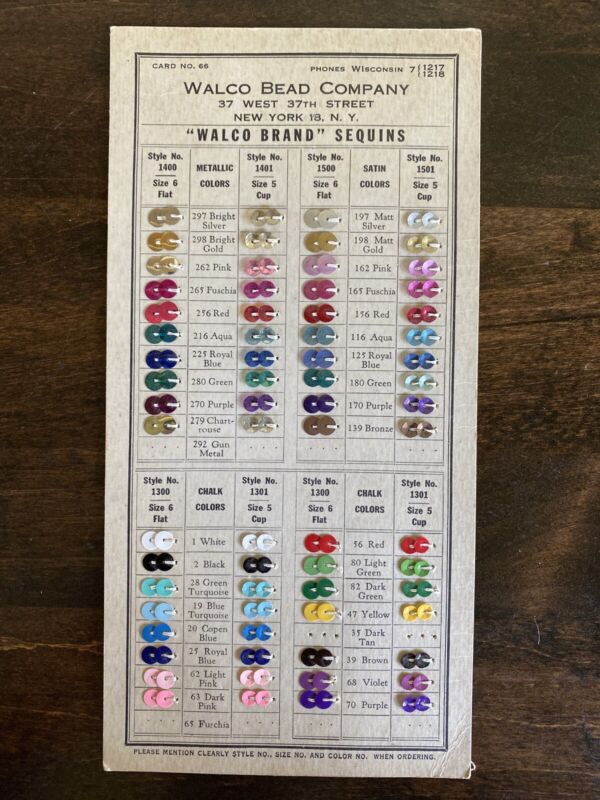 Vintage Walco Bead Company Sample Card Sequin Colors New York Ephemera 