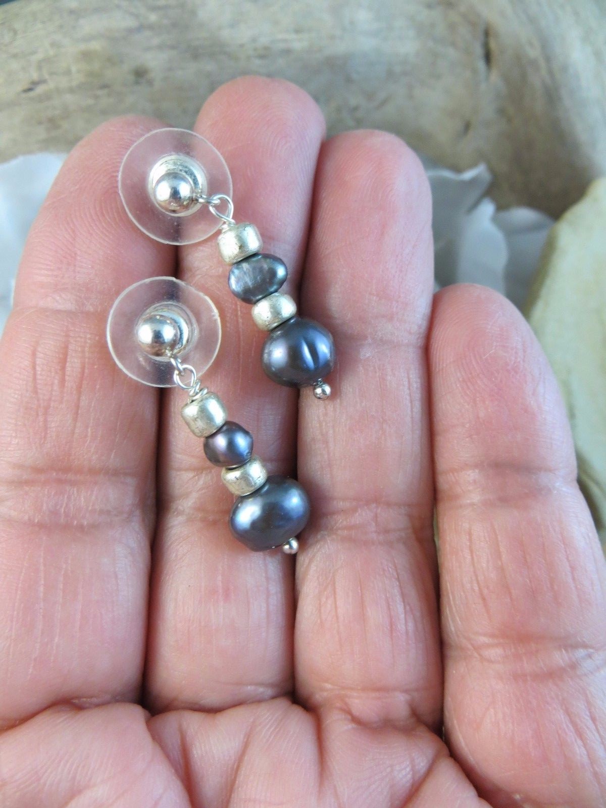 Vintage 925 Sterling Silver Black Pearl Beaded Post Earrings #228