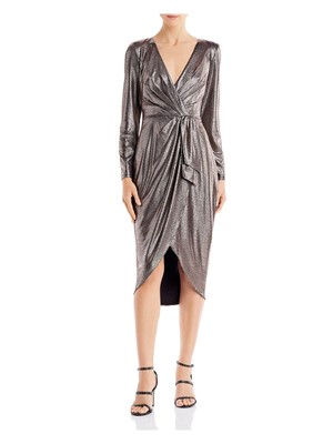 

AIDAN AIDAN MATTOX Womens Gold Hi-lo Shoulder Pads Long Sleeve Faux Wrap Dress, Золотой