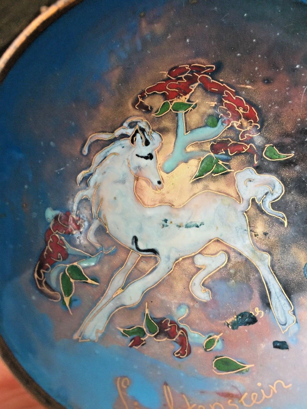 Antique Copper Cloisonne PEGASUS UNICORN Liechtenstein Bowl UNIQUE Estate ??j8