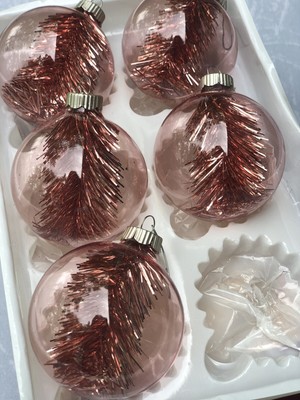 Vintage Retro Enchanted Forest 5 Christmas Glass Ornaments PINK Glass W TINSEL