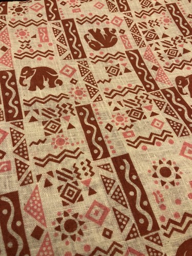 Vintage 50s Elephant Tribal Print Pink Brown Cotton Woven Fabric 6yds x 44