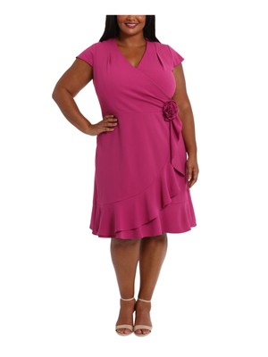LONDON TIMES Womens Pink Flower Lined Short Sleeve Faux Wrap Dress Plus 16W