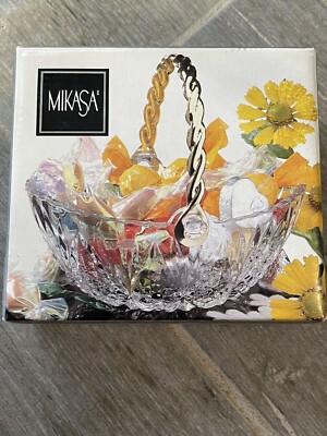 NIB Vintage Mikasa Tender Rose Glass Mini Handled Basket Candy Dish 5''