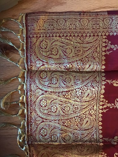 Vintage Asian Inspired Gold Thread Red Table Runner Fringed