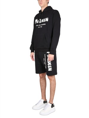 Pre-owned Alexander Mcqueen Bermuda Shorts With Graffiti Logo Print In White/black