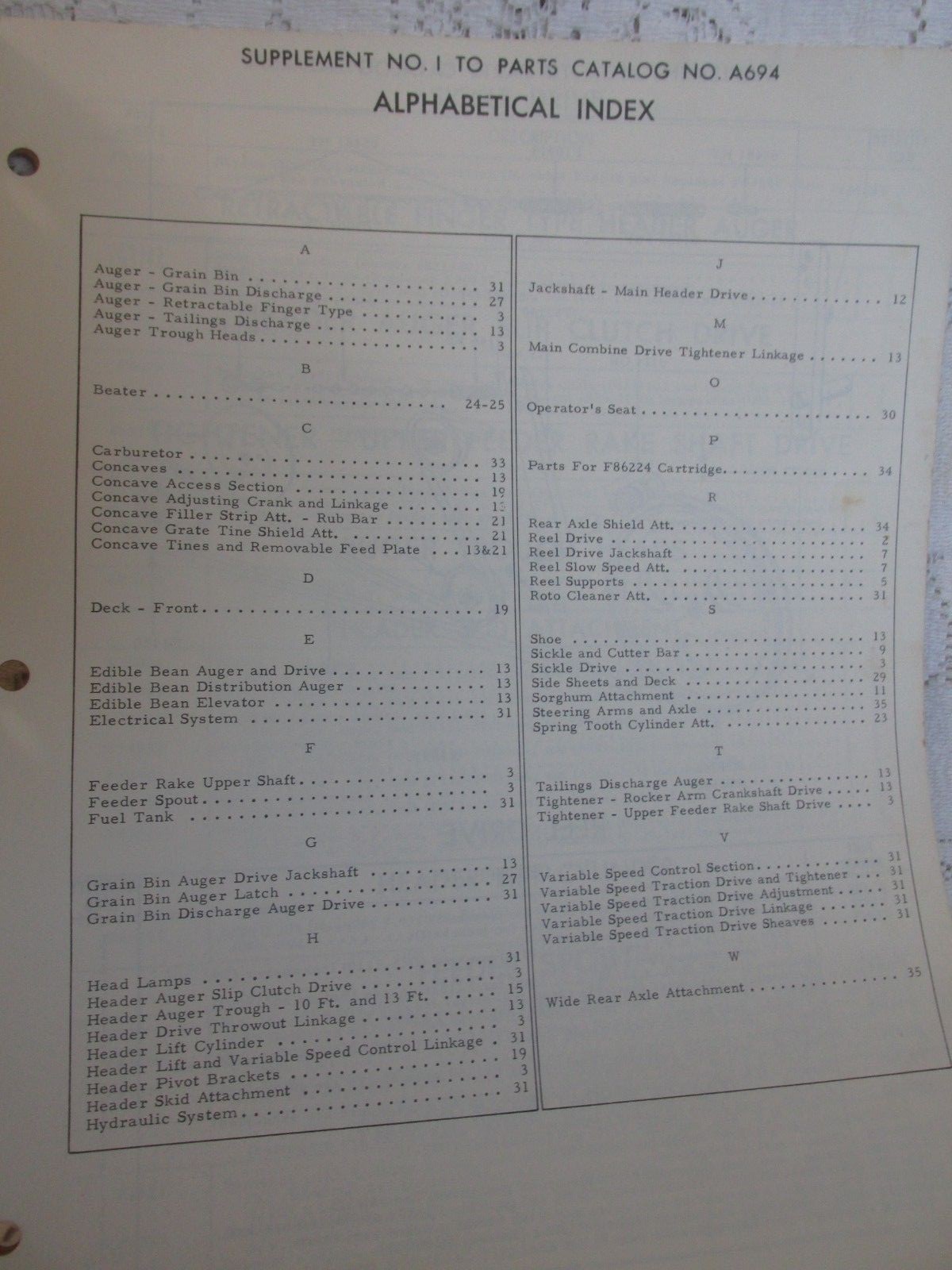 Vintage Case Parts Catalog Supplement No. 1 Model 600 Grain Combine