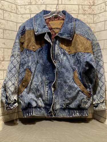 Vintage 1980's Giacca Acid Wash Bomber Denim Leather Jacket Vintage 1980's Giacca Acid Wash Bomber Denim Leather Jacket