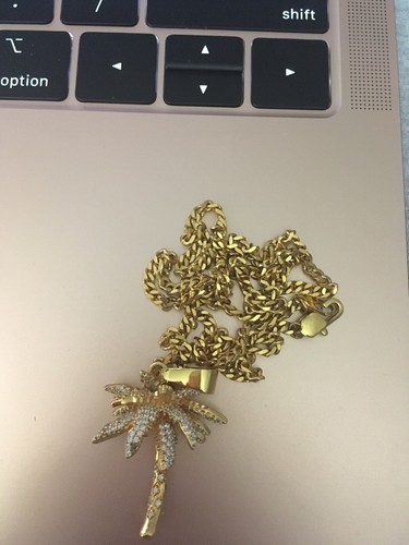 GLD Iced Out Lab Diamond 14kGold Plated Palm Tree Pendant Necklace W/ Free Chain