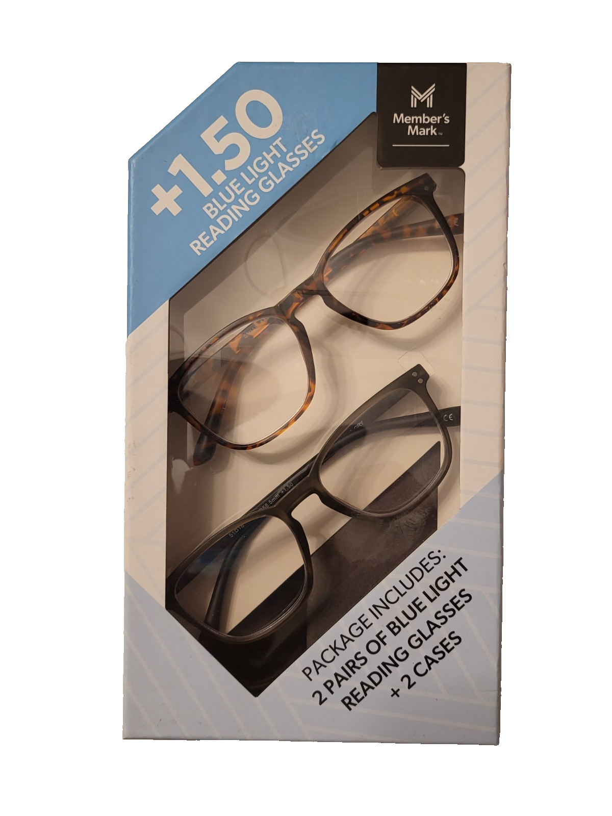 Member's Mark +1.50 Adult Includes 2 Pair Reading Glasses +2 Cases Style 301 New