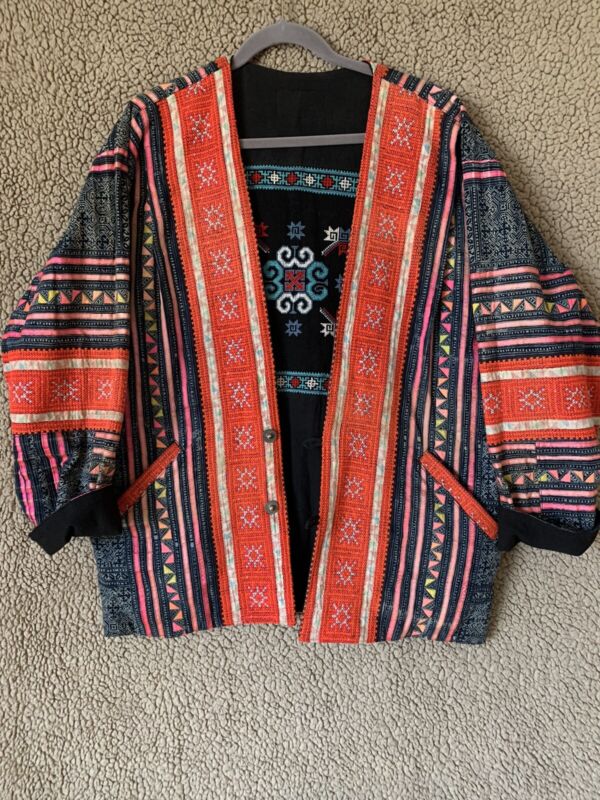 Vintage Ethnic Laotian Hmong Hill Tribe Embroidered Reversible Tribal Jacket 