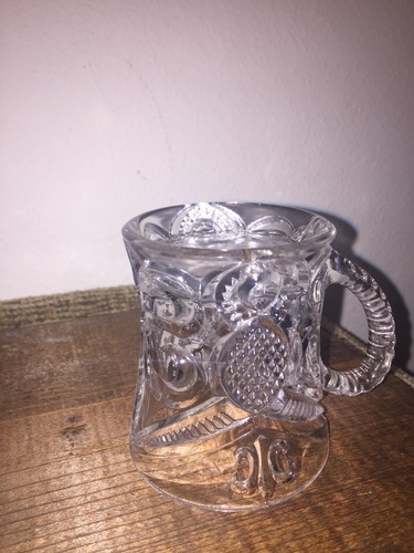 Bryce Higbee Arched Fleur De Lis Handled Mug Clear EAPG Circa early 1900's