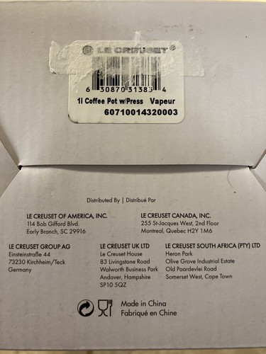 "Vapeur" LE CREUSET 34 Oz Large French Coffee Press NWT Stoneware Light Gray