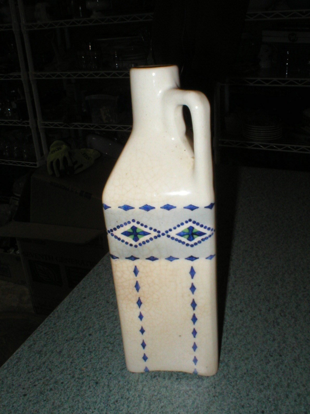 Vintage Ceramic OEL (Oil) Kitchen Bottle Blue's & Green On Off White 8 3/8