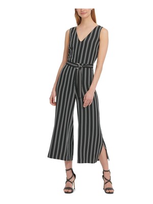 

DKNY Женский черный полосатый укороченный комбинезон без рукавов с V-образным вырезом для вечеринок. Размер