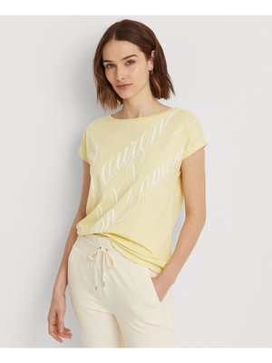 

LAUREN RALPH LAUREN Женский желтый топ с короткими рукавами и вырезом лодочкой с графическим логотипом