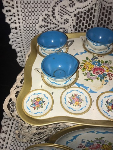 Vintage Ohio Art Tin Litho Childs Tea/Coffee Set RARE Floral Pattern