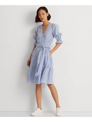 

LAUREN RALPH LAUREN Женское синее платье с завязкой на талии и рукавами до локтя + расклешенное платье, Синий