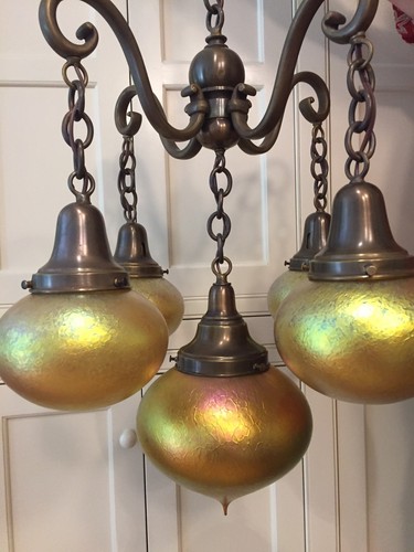 Vintage Brass 5 Light Art Nouveau Chandelier & Blown Lundberg Studios Shades