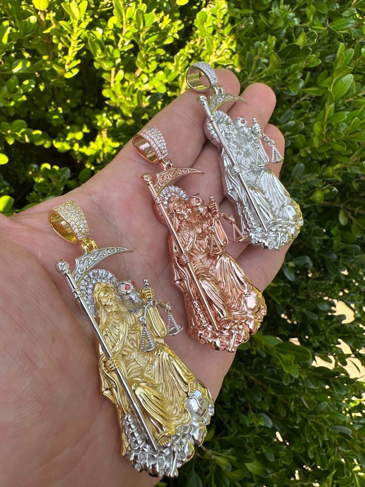 Pre-owned Harlembling Moissanite Santa Muerte Grim Reaper Pendant 925 Silver / 14k Gold Rose Necklace In White