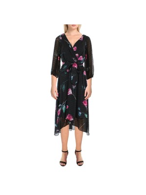 

Женское платье миди с черным поясом на подкладке и рукавом 3/4 DKNY для работы, платье миди с искусственным запахом, Черный