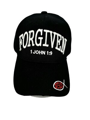 Forgiven 1 John 1:9 baseball cap Black w/red & white 100% acrylic New