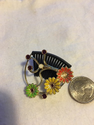 Vintage Hair Comb Laurel Leaf Enamel Flowers Yellow Orange Green Daisy Gold Tone