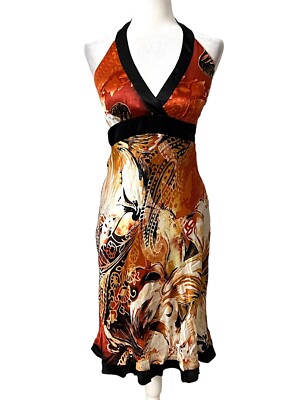 Cache Women's Sheath Dress 100% Silk Multicolor Halter Size 4 Cocktail Side Zip