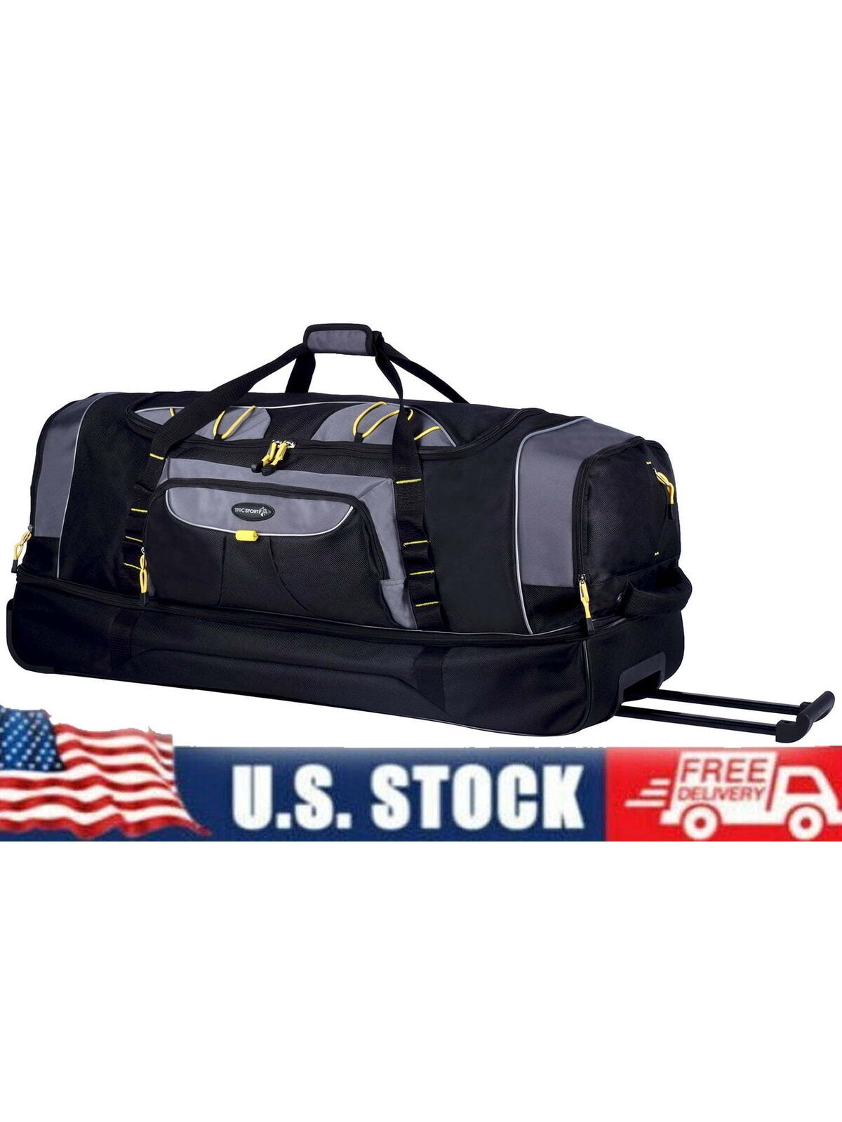 2 Section Drop Bottom Rolling Duffel Telescopic Handle Top Bungee Cords Black