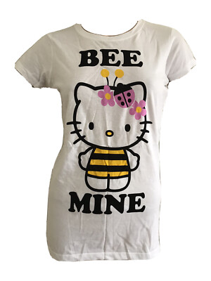 HELLO KITTY WHITE COTTON BEE MINE STATEMENT SLIM FIT TEE UK 12 EU 40 SMALL BNWT