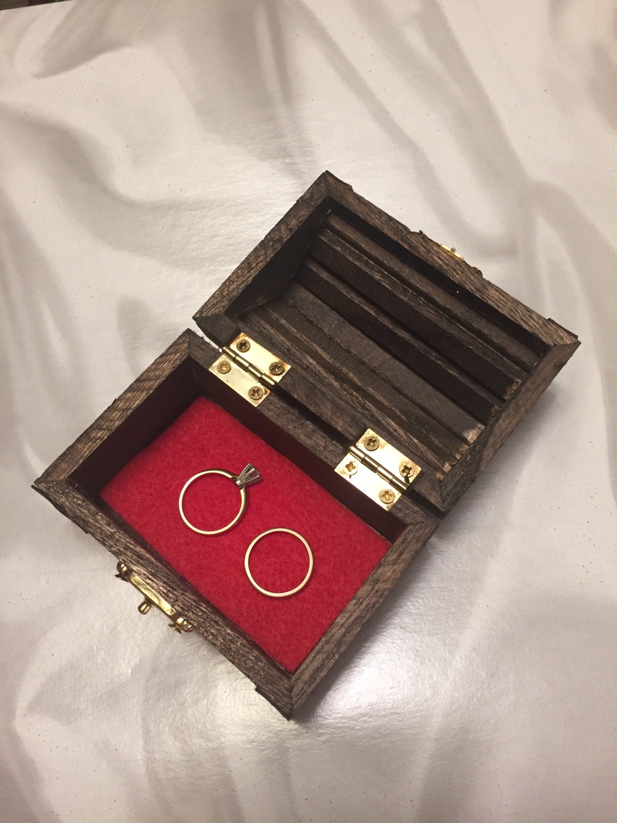 Red Felt Lined Rustic Small Treasure Chest, Ring Bearer Box, Proposal/Engagement