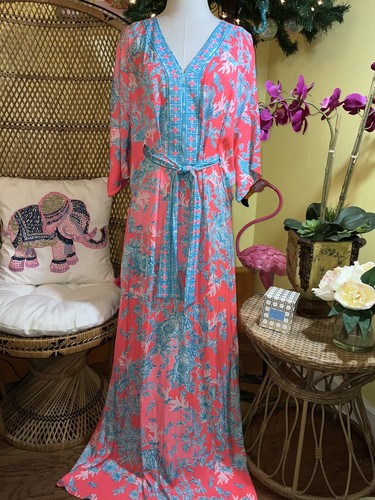 Pre-owned Lilly Pulitzer Carmynn Maxi Caftan Coral Spritz Shelly Bay Size Xs,s,m ? In Multicolor