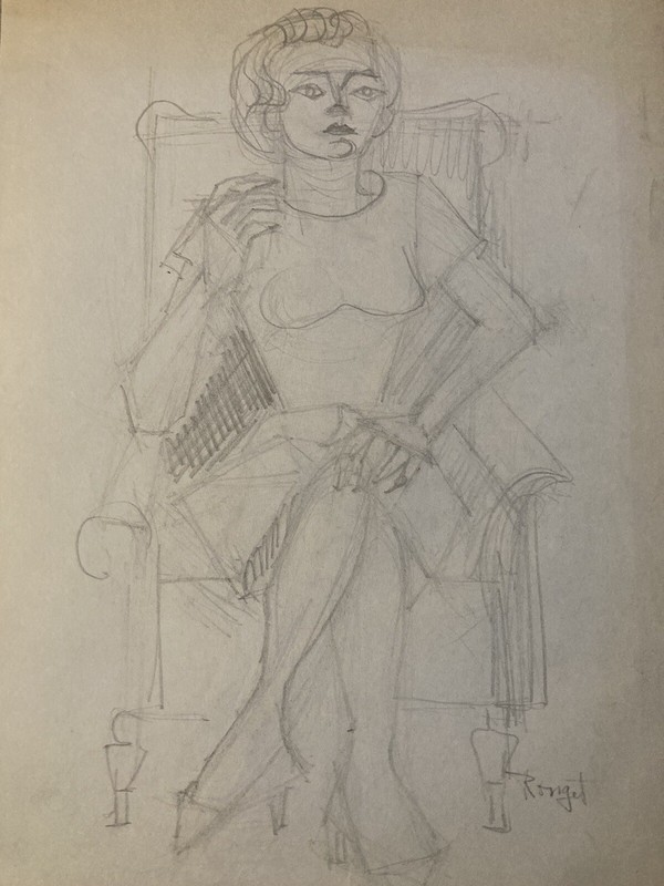 Dessin Ancien 1950 Art Cubiste Femme Artiste Crayon Ronget Elisabeth Cubisme