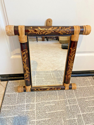 Vintage Brown Bamboo Framed Wall Hanging Mirror with Floral Edge Etchings 20''