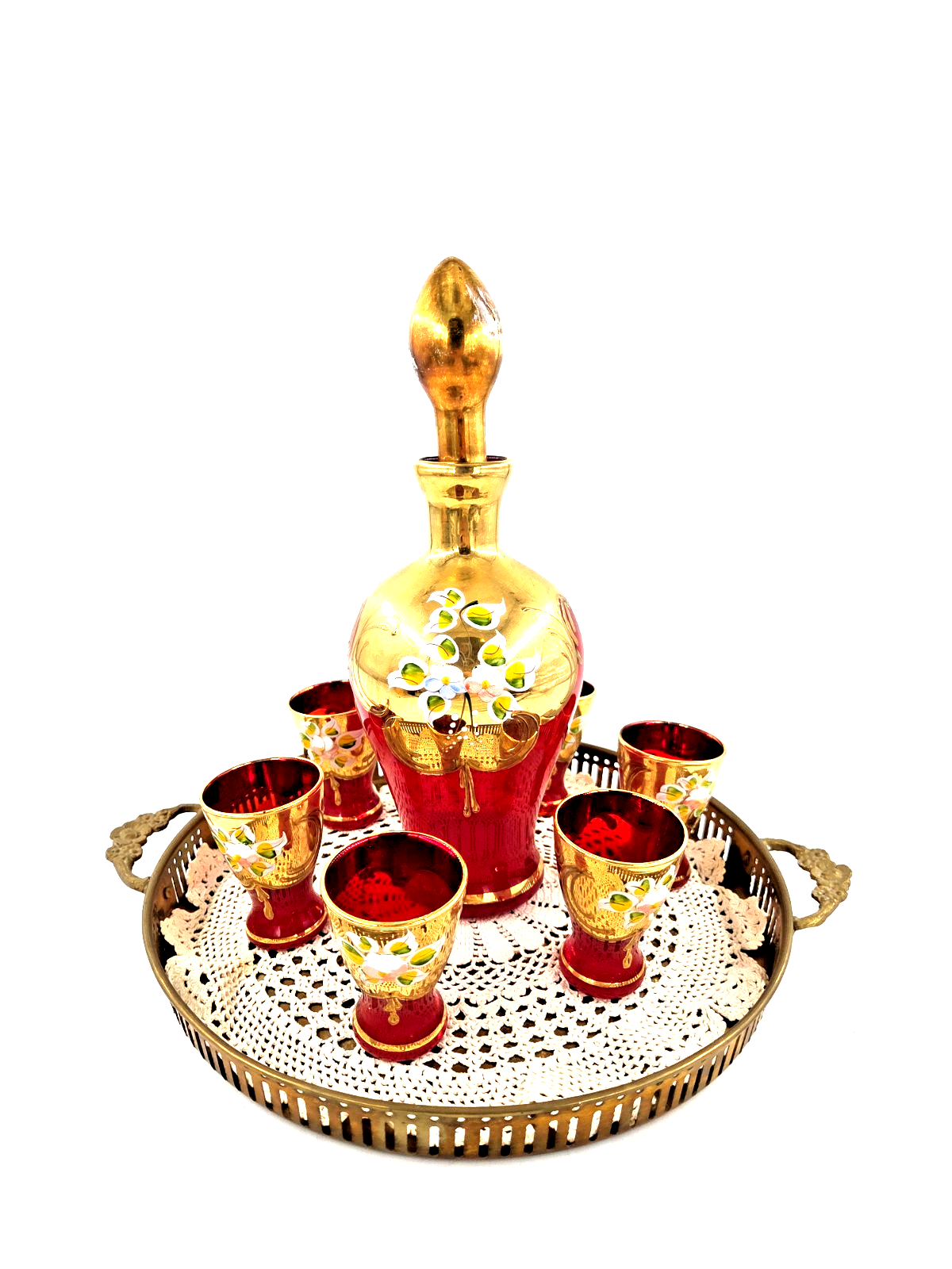 Set di Liquori Caraffa Con 6 Lenti & Vassoio Rosso Oro Dipinti Vintage Boemia
