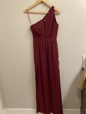 Dress the Population Women s Size Small Burgundy One Shoulder Maxi Dress w/Slit