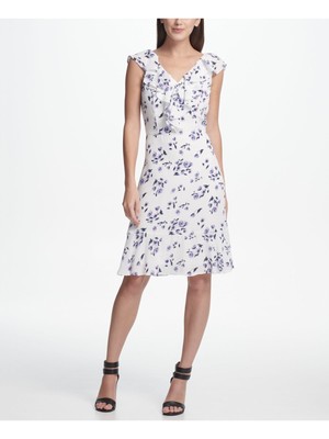 

Женское платье трапециевидной формы DKNY цвета слоновой кости с развевающимися рукавами и цветочным принтом с V-образным вырезом выше колена, Цвет слоновой кости