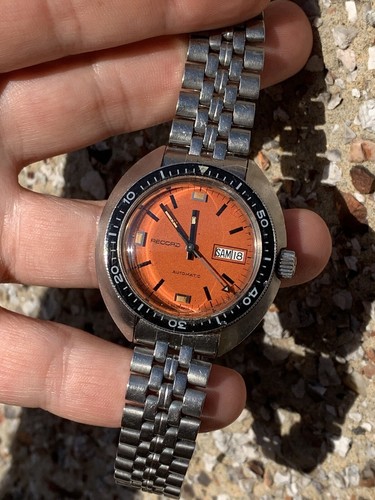 1960s Record Longines Orange Dial Automatic Mens Diver Watch Swiss